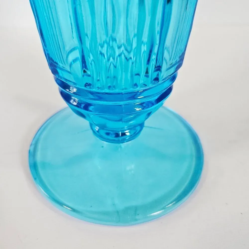 Vintage Aqua Ice Blue Footed Ruffled Ribbed Textured Depression Glass Vase 10
